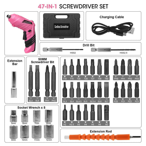 Pink Cordless Mini Screwdriver Kit with 3.7V rechargeable power and 47-piece driver bit set displayed.