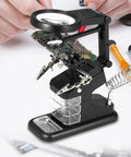 Rechargeable Work Light LED Magnifier Lamp for workbench electronics with adjustable arm, head, desk mount and soldering clip tool.