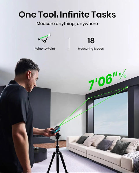 Man using Green Beam Laser Distance Meter S50 Four Times Brighter Workhorse For Long Range 400 Feet Point to Point Alignment indoors