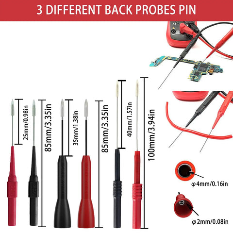 3 different back probe pins from 24 Piece Multimeter Test Leads Set With Alligator Clips And Insulation Piercing Probes For 1000V 10A CAT III Meters Like Fluke KAIWEETS INNOVA Voltmeter And Clamp Meter