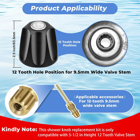 Matte Black 2 Piece Shower Knob Replacement Kit For Verve Tub And Shower Faucet Hot Cold Handle Remodel Trim Fits 12 Tooth 9.5mm Valve Stem Durable Zinc Alloy Build displayed with valve stem compatibility information.