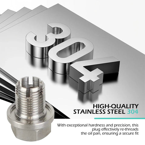 Oversized Piggyback Garage Grade Oil Drain Plug Kit M14.1 By 1.5 Stainless Steel with 304 grade marking and plug detail