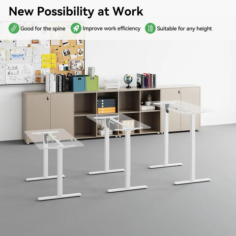 Sick Of Bad Posture Grab This Awesome Adjustable Height Electric Standing Desk Frame With A Powerful Dual Motor System That Handles Heavy Loads For Your Gaming Or Home Office Setup Fast And Super Quiet Operation in a modern office setting.