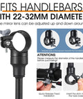 Rear View Bike Mirror Mount With Adjustable Rotatable Head, Wide Angle Acrylic Convex Safety Mirror For Mountain And Road Bikes, No Tools Required, Fits 22mm-32mm Handlebars, Anti Slip Gaskets, Grab-and-Go Attachment with installation instructions.