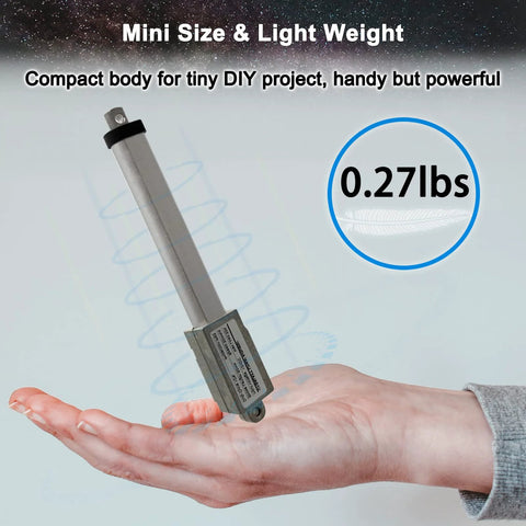 UYGALAXY 12V mini electric linear actuator with mounting brackets, metal body, 4-inch stroke (side view)