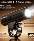 400 Lumen Rechargeable Bike Headlight for Night Riding with IP66 Waterproof Front Light showcasing LED brightness and handlebar mount.