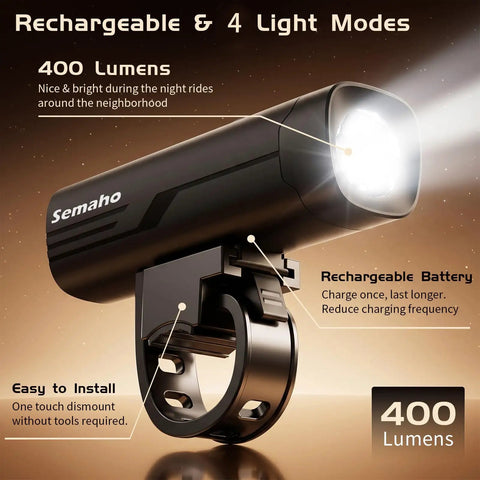 400 Lumen Rechargeable Bike Headlight for Night Riding with IP66 Waterproof Front Light showcasing LED brightness and handlebar mount.