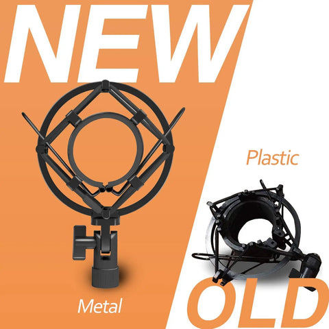 Pro Condenser Mic Shock Mount For 43mm To 47mm Mics, metal vs plastic comparison, anti vibration suspension clip.