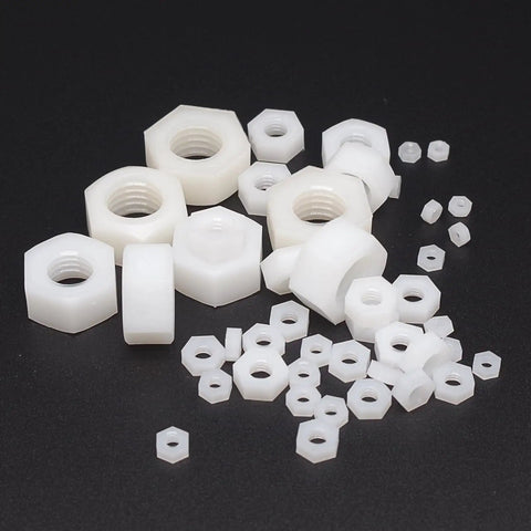500 Piece Metric Nylon Hex Nuts Assortment Kit Featuring M2 Through M12 White Plastic Threaded Fasteners on a black background.