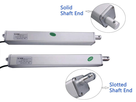 12V DC Linear Actuator 30 Inch Stroke With Mounting Brackets, 44 Lb Push Force, showing solid and slotted shaft ends