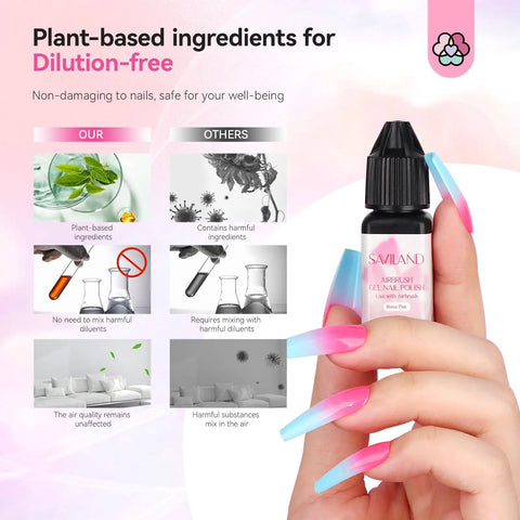 Airbrush Gel Nail Polish Set With 12 Vitality Colors Hema Free Dilution Free Non Acetone Formula bottle held by hand.