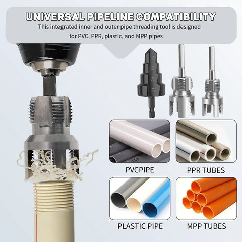 3Pcs PVC Pipe Threader Tool Kit For 1/2 And 3/4 Inch Plastic Pipes With Dual Function Internal External Tapping And Threading Capability Includes Step Drill Bit For Electric Drilling Projects And Diy Plumbing Repairs applied to PVC and PPR pipes during threading.