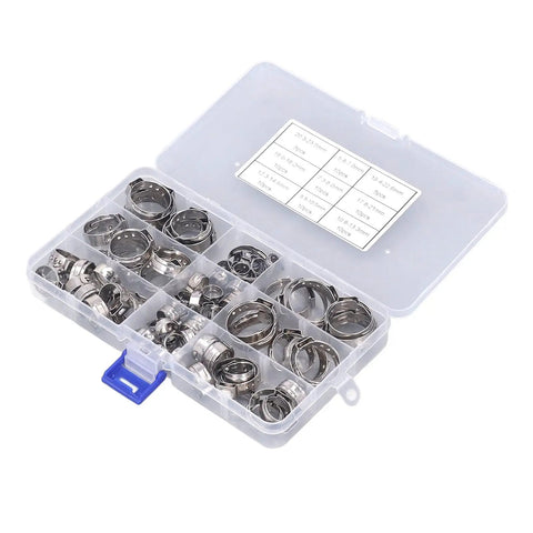 Rock Solid 80 Piece Stainless Steel Hose Clamp Assortment Kit With Heavy Duty Pliers For Serious Mechanics And DIY Projects Offering 9 Size Ranges To Handle Any Job With Extreme Durability And Rust Resistance. stainless steel hose clamps in labeled organizer box