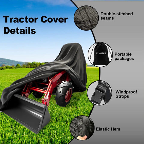 Heavy Duty Waterproof Tractor Cover With Universal Fit For Most Compact Utility Tractors With Backhoe Dustproof And Weatherproof Protection Durable Breathable Material Sized 189 L By 76 W By 86 H Inches covering red tractor with double-stitched seams and windproof straps