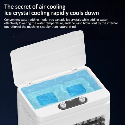 Close-up of Heavy Duty Portable Evaporative Swamp Cooler With 40L Tank displaying ice crystals in water reservoir.