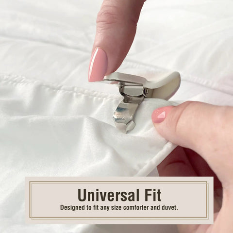 No Slip Comforter Clips For Duvet Covers 4 Pack Keeps Blanket From Bunching Or Shifting While You Sleep close-up of hand attaching clip