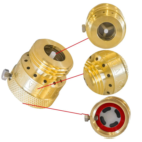 Close-up of 2 Pack Faucet Vacuum Breaker Backflow Preventer For Three Quarter Inch Solid Brass Hose Bib Garden Spigot And RV Water Lines.