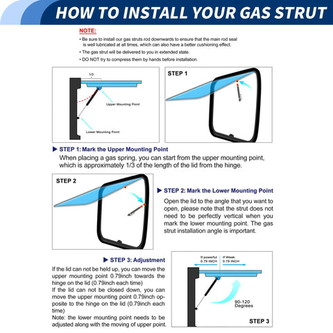 How to install heavy duty gas struts for toolbox, showing steps for marking mounting points and adjustments.