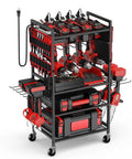 Large Power Tool Organizer Cart With 20A Charging Station, Heavy Duty Drill And Battery Holder Storage Rack, Floor Standing Rolling Tool Cart On Wheels, Red showcasing drills and batteries.