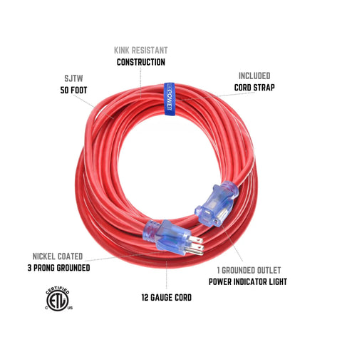 Workhorse Heavy Duty Outdoor Extension Cord 50 Feet Pink With Lighted Connector And Grounded Plug 12 Gauge 3 Conductor SJTW