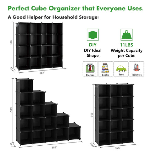 Front, side, and stacked view of Sturdy 16 Cube Space Saving Storage Organizer With DIY Modular Design For Home And Bedroom Open Display Unit