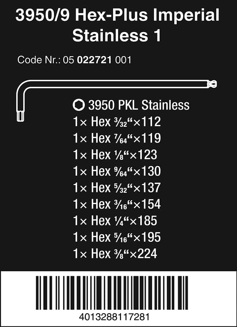 Stainless Steel Imperial Hex Key Set packaging showing sizes from 3/32 to 3/8 inch for home garage and shop tools.