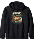 Outrigger Canoe Ocean Tradition Zip Hoodie Featuring Vintage Retro Sunset Design, black hoodie with Hawaiian canoe and sunset graphics