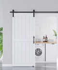 36 By 84 Inch White Sliding MDF Barn Door With Six Point Six Foot Black Sliding Door Hardware Kit And Handle Pre Drilled