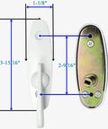 Go-To Gliding Patio Door Lock Replacement Set With Heavy Duty Keyed Cylinder And Quick Swap Thumb Latch For Andersen Tribeca Compatible Openers In Sharp White Diecast with dimensions