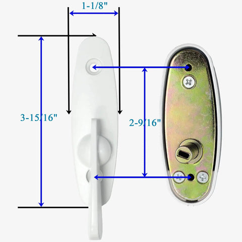 Go-To Gliding Patio Door Lock Replacement Set With Heavy Duty Keyed Cylinder And Quick Swap Thumb Latch For Andersen Tribeca Compatible Openers In Sharp White Diecast with dimensions