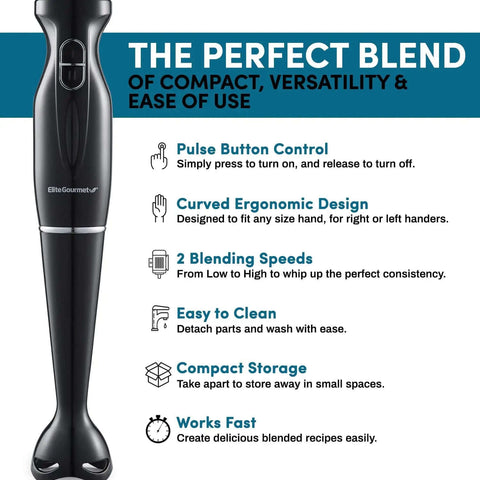 Heavy Hitter Immersion Hand Blender Packs A Killer 300 Watt Motor With Two Adjustable Speeds To Quickly Blend Silky Smoothies Thick Soups And Baby Food No Drama, close-up view with ergonomic design.