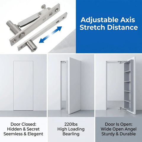 Adjustable axis design of Rock Solid Stainless Steel Hidden Door Hinges Heavy Duty Pivot Hardware for seamless installation.