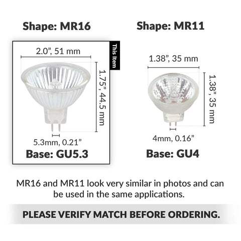 Comparison of MR16 Halogen Light Bulbs 20W 12V, 10 Pack, GU5.3 Bi Pin and MR11 shape with measurements