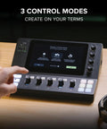 Person using Creator XS Adaptive Digital Mixer for Podcasting and Streaming with touchscreen displaying control modes