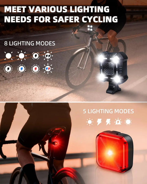 140dB Bike Horn With Front And Rear LED Light, 2-in-1 Bicycle Bell With Rechargeable Waterproof Headlight And Tail Light, 8 Plus 5 Modes For Daily Commute On Bike Scooter Ebike, Loud Alert That Gets You Seen And Heard