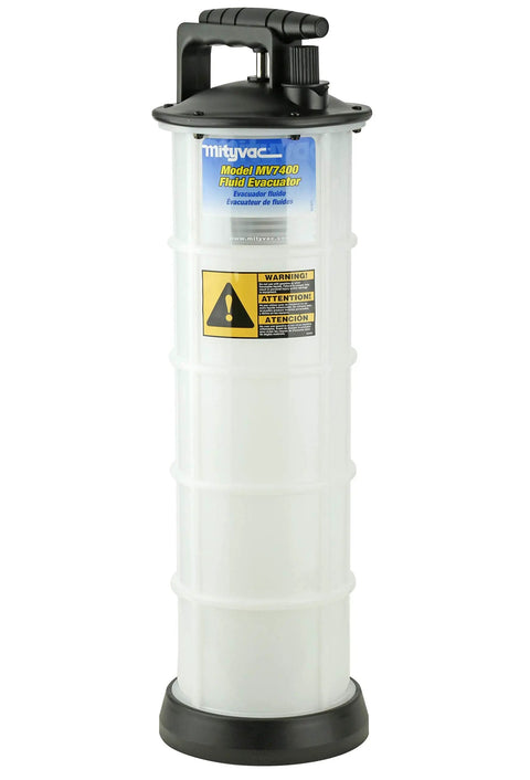 Slick Manual Fluid Evacuator Pump For Muscle Cars And Street Rods With No Hassle Oil Drain and Brake Fluid Extractor in white polyethylene.