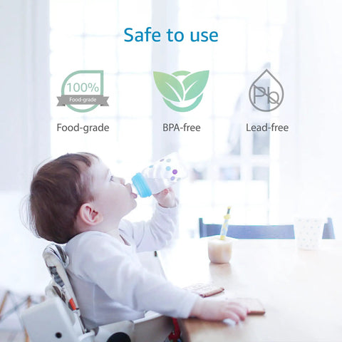 Baby using bottle, symbols indicate 100% food-grade, BPA-free, and lead-free materials. Replacement Under Sink Water Filter For Culligan 1000R.