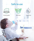 Baby drinking from bottle at table with icons showing food-grade, BPA-free, lead-free materials, text 'Safe to use' above.