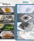 Before and after comparison of clogged drains showing Real Deal Heavy Duty High Pressure Toilet Plunger And Drain Blaster results.