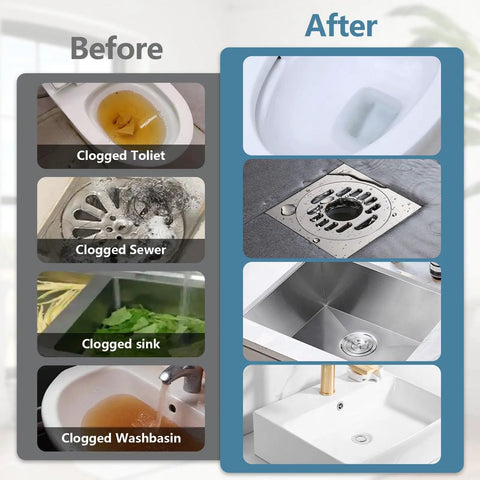 Before and after comparison of clogged drains showing Real Deal Heavy Duty High Pressure Toilet Plunger And Drain Blaster results.