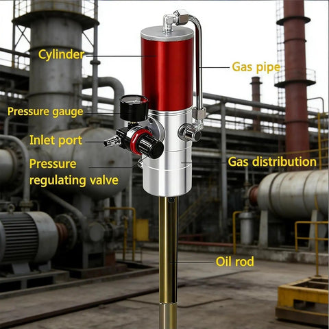 Heavy Duty Pneumatic Grease Pump With 50 To 1 Pressure Ratio And 16 Feet Explosion Proof Hose For 55 Gallon Drums showing cylinder, gas pipe and pressure gauge.