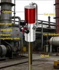 Heavy Duty Pneumatic Grease Pump With 16 Foot Explosion Proof Hose For 55 Gallon Drums, showing cylinder, pressure gauge, and inlet port.