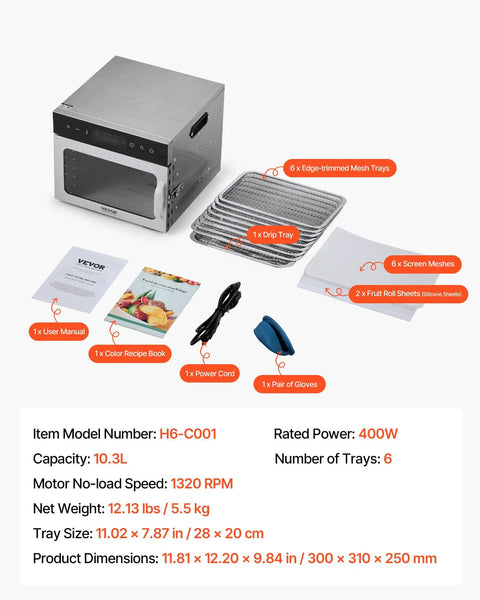 Image showing Six Tray Stainless Steel Food Dehydrator With 400W Power, including trays, drip tray, gloves, and user manual.