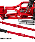 Aluminum RC Upgrades Kit For 1/10 T-Maxx And E-Maxx Including Suspension Arms Steering Knuckle Shock Tower Drive Shaft Axles Push Rod Links Steering Bellcranks Red Anodized Finish For Serious Hop Up Performance showing adjustable red anodized components