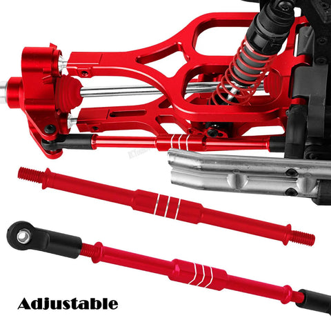 Aluminum RC Upgrades Kit For 1/10 T-Maxx And E-Maxx Including Suspension Arms Steering Knuckle Shock Tower Drive Shaft Axles Push Rod Links Steering Bellcranks Red Anodized Finish For Serious Hop Up Performance showing adjustable red anodized components