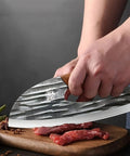 Two Piece Meat Cleaver Knife Set For Kitchen And Outdoor Use heavy duty cleaver cutting meat on a wooden board