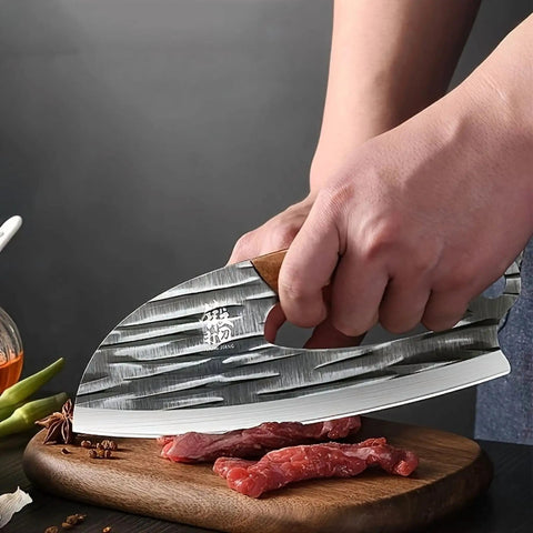 Two Piece Meat Cleaver Knife Set For Kitchen And Outdoor Use heavy duty cleaver cutting meat on a wooden board