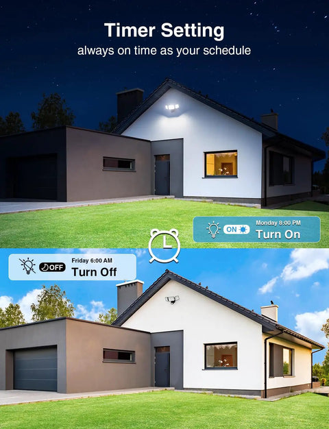 House exterior with 100W Smart LED Security Flood Light With Motion Sensor, Outdoor WiFi Flood Light with schedule settings.