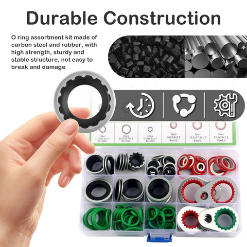 Multi Size O Ring Kit For Car AC Repairs 139 Piece Set With 85 Washers And 54 Rubber Gaskets in a plastic organizer box