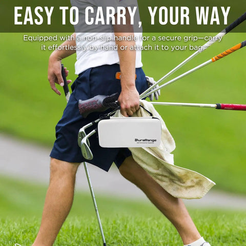 All In One Golf Glove Holder Case With Glove Shaper Portable Organizer for Balls Tees Markers and Gear being carried on a golf course.